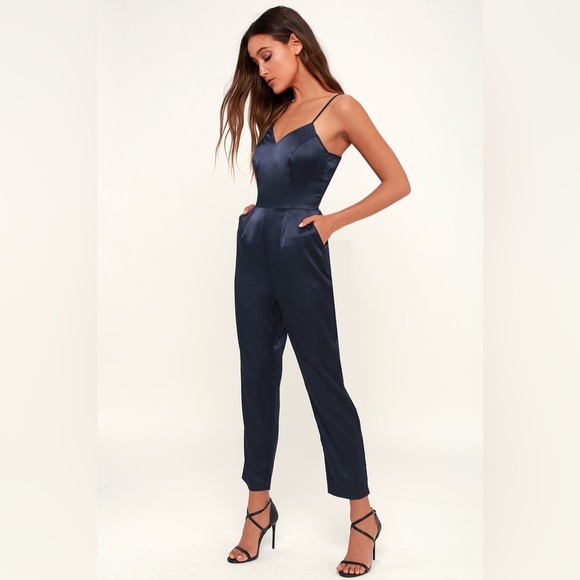 Lulus Touch of Heaven Navy Blue Satin Sleeveless Jumpsuit NWT Size M - Picture 2 of 8